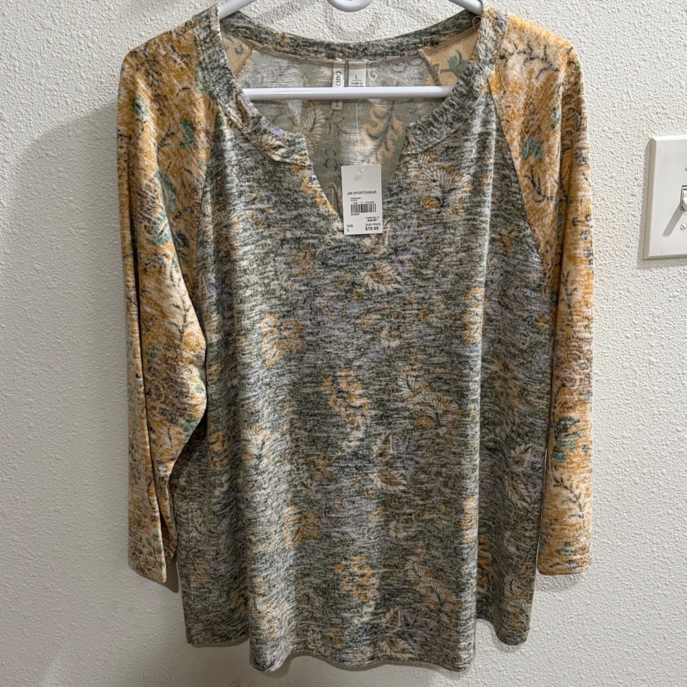 Cato Gray Body with Mustard Floral Raglan Long Sleeve Top